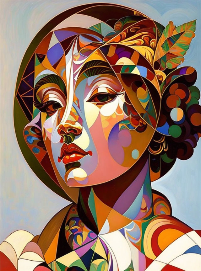 Vibrant cubist portrait of a woman with geometric shapes and nature elements