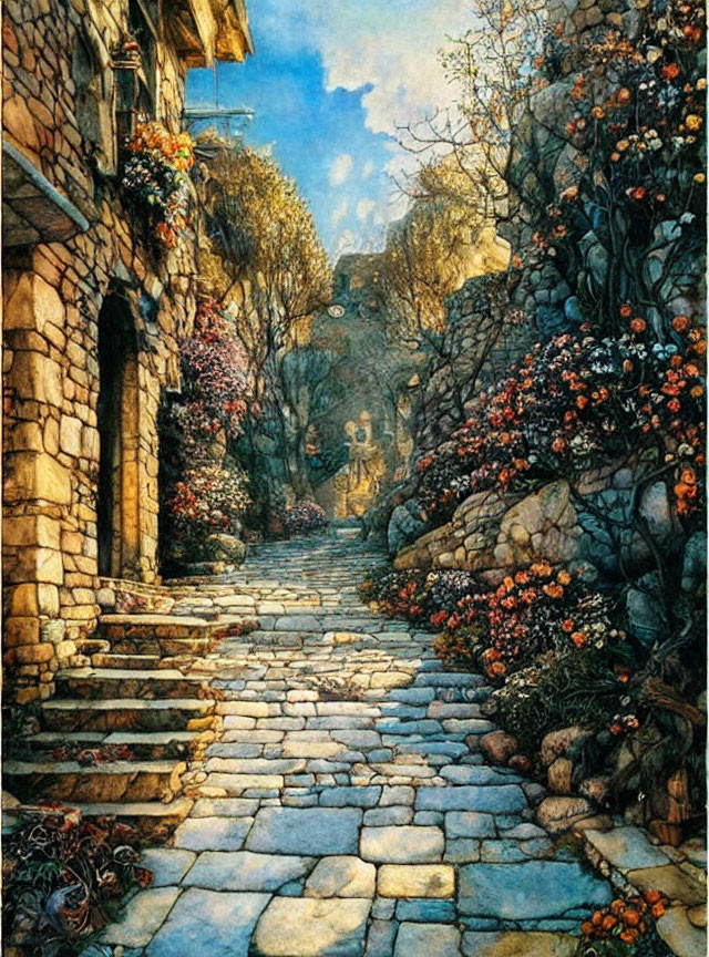 Cobblestone pathway through ancient stone village with lush flowers