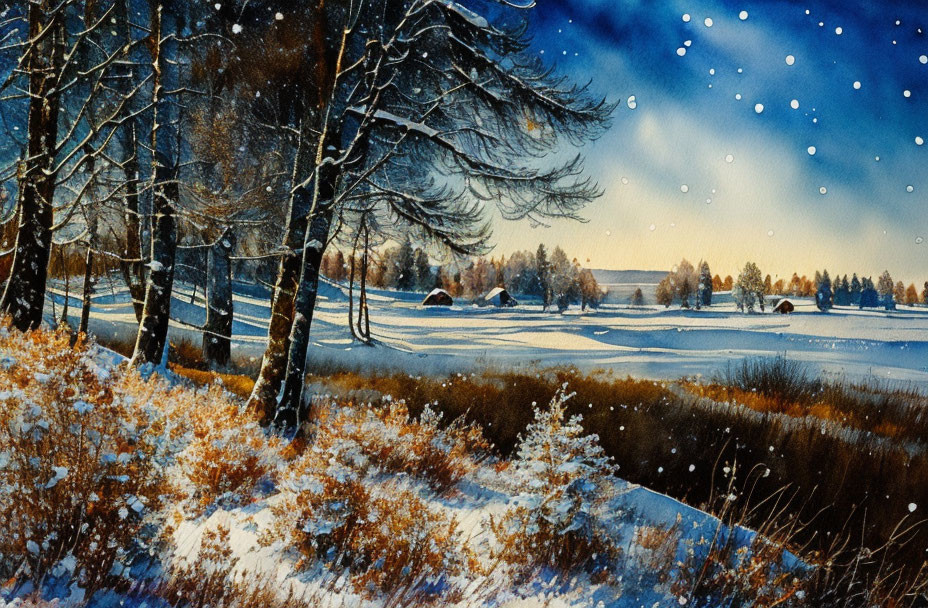 Winter Twilight Scene: Snowy Landscape with Frozen River and Cozy Rural Houses