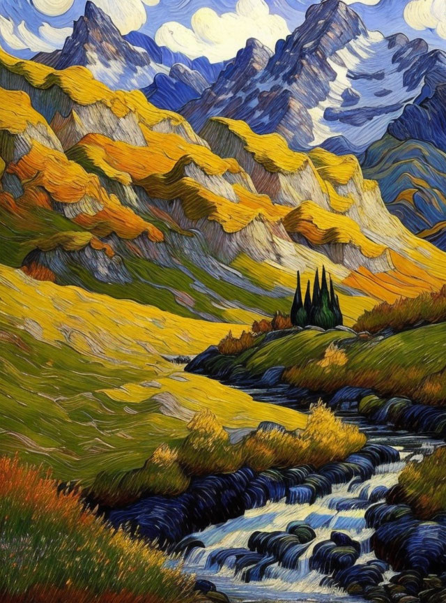 Colorful painting of swirling mountain landscape with river, fields, and blue peaks