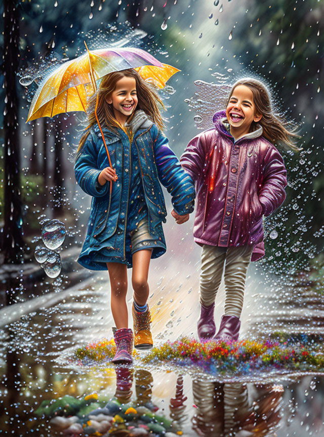 Two girls sharing an umbrella walking in the rain with colorful clothing