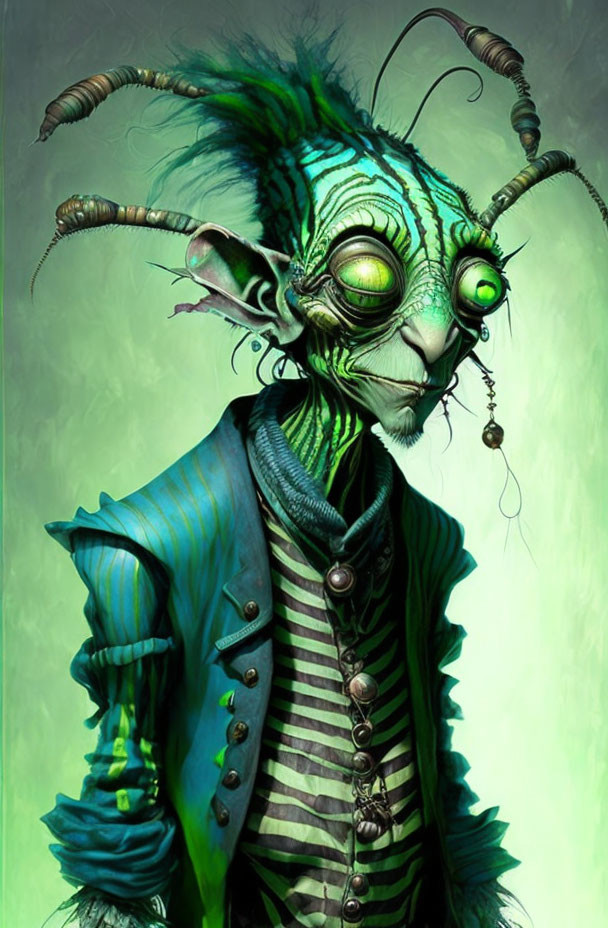 Whimsical creature with green skin, large eyes, antennae, striped shirt, and blue vest