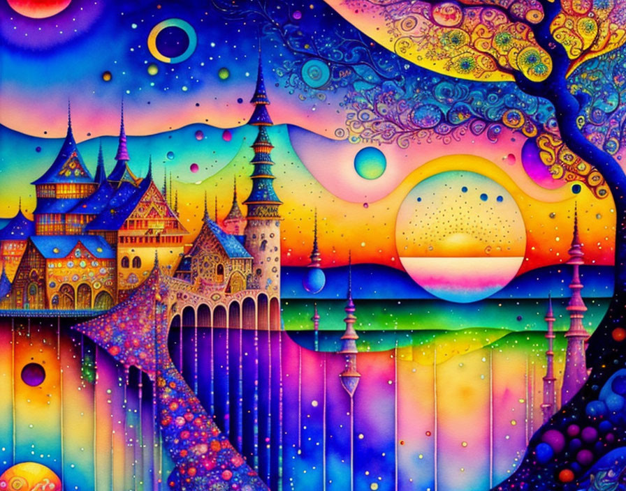 Whimsical castle art with vibrant colors & celestial backdrop