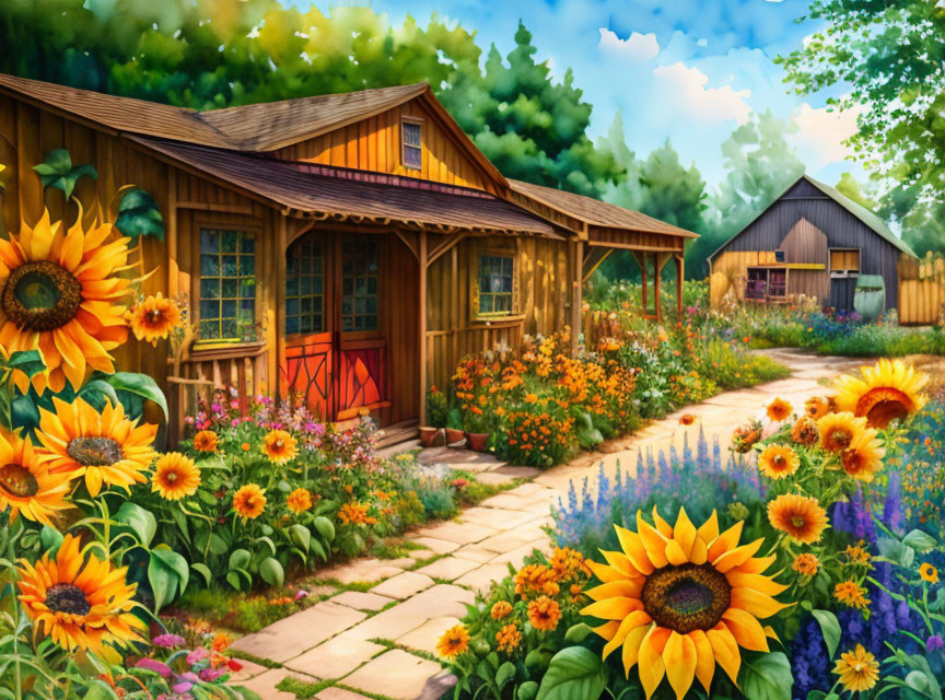 Rustic wooden cottage in lush garden with sunflowers