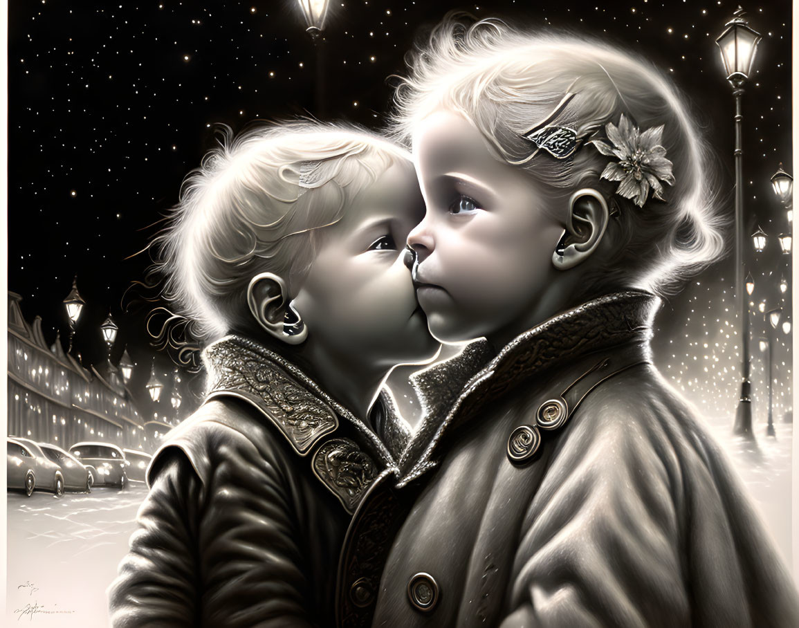 Young children sharing a gentle kiss under starry night sky