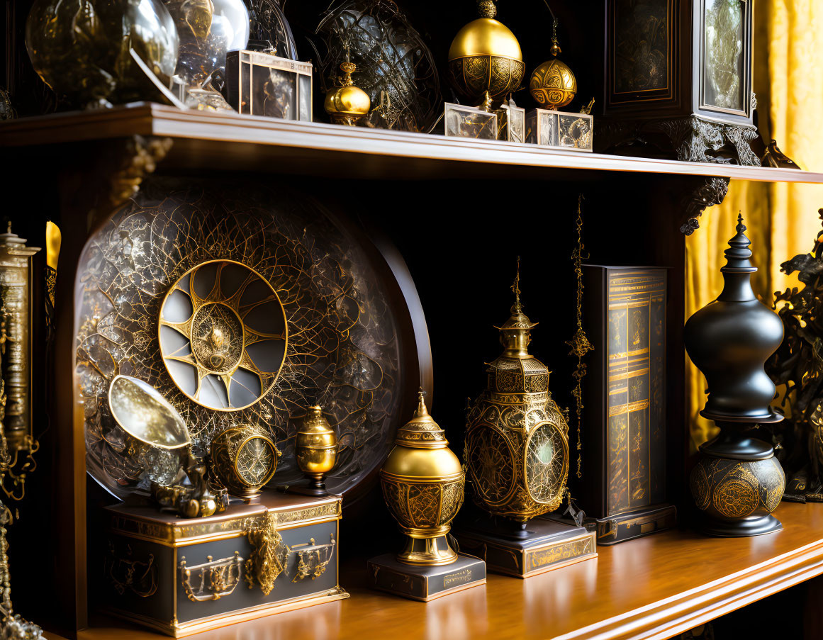 Ornate Antique-Style Objects on Wooden Shelves