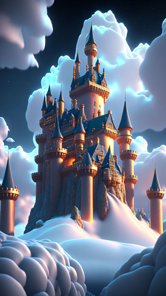 Whimsical castle with turrets on cloud-covered peak at twilight