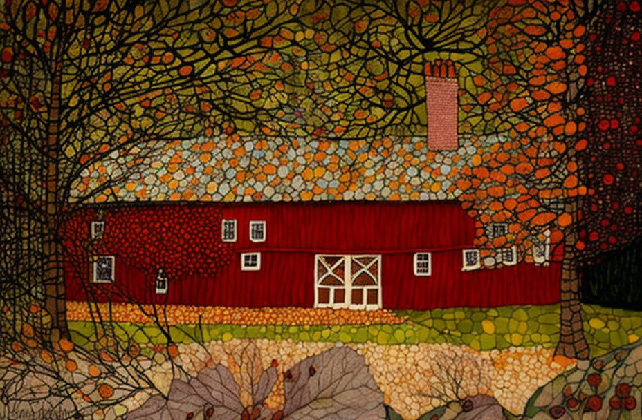 Red Barn with Tall Chimney in Autumn Trees, Mosaic-like Texture