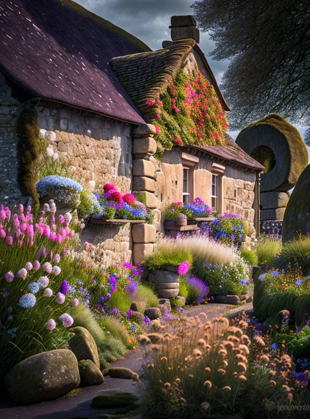 Stone cottage with thatched roof and vibrant garden under soft sunlight