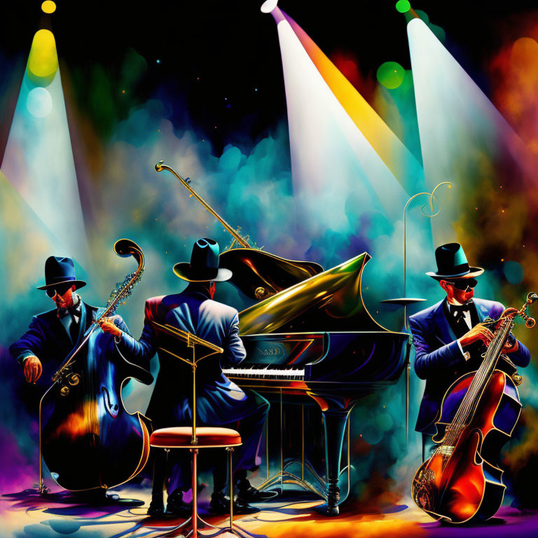 Animated jazz musicians in suits playing saxophone, piano, and double bass under stage lights