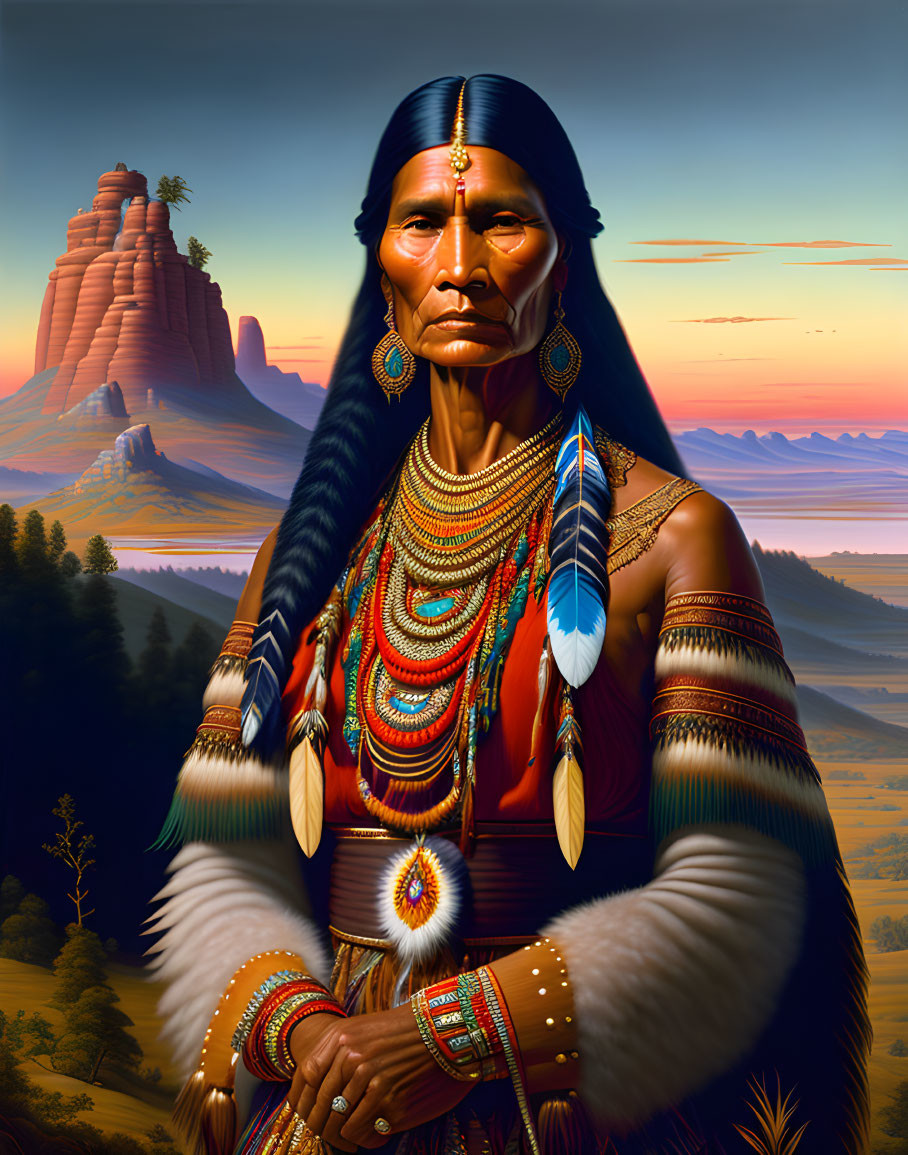 Native American man in traditional attire against desert backdrop with mesas at sunset