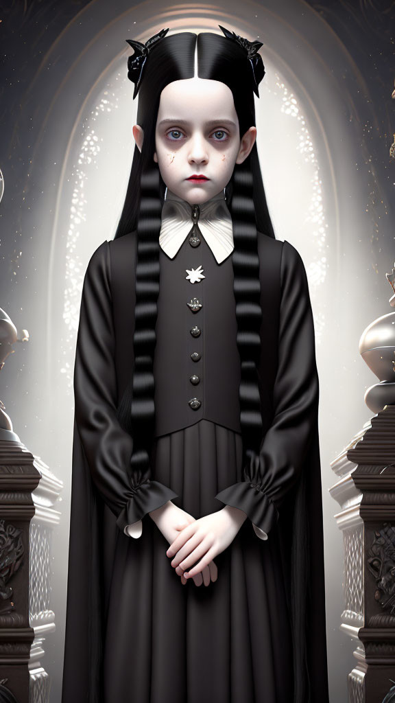 Pale girl with dark hair in gothic attire, standing by ornate pillars