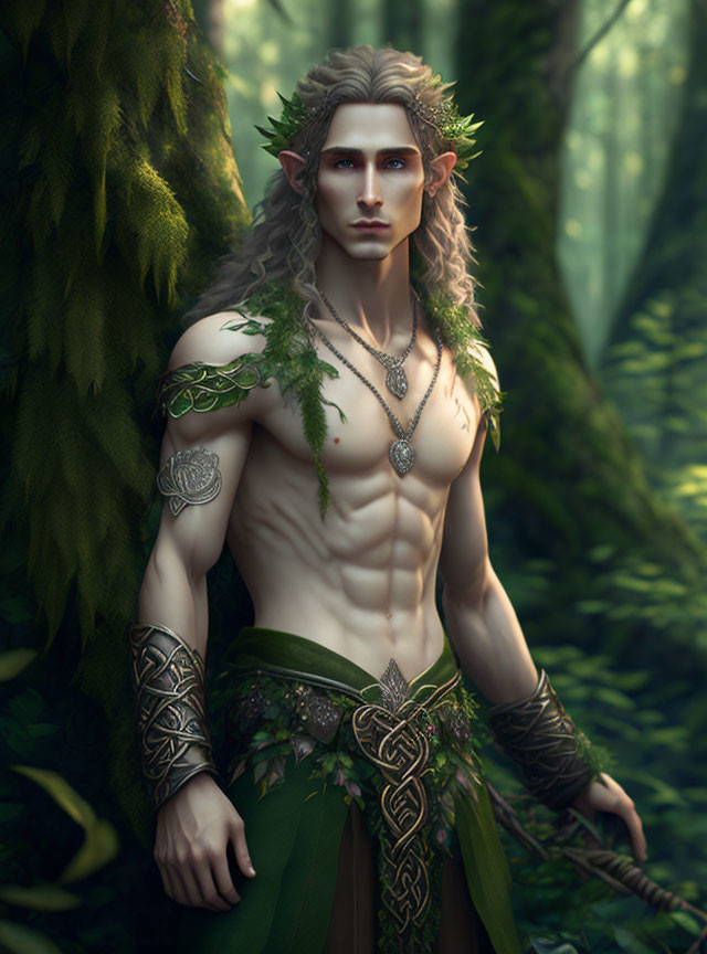 Pointy-eared elf with long hair in forest wearing Celtic jewelry.