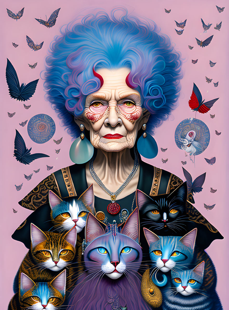 Elderly Woman with Blue Hair, Cats, and Butterflies on Pink Background