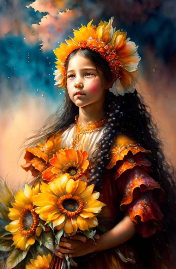 Young girl with sunflower adornments against blue background