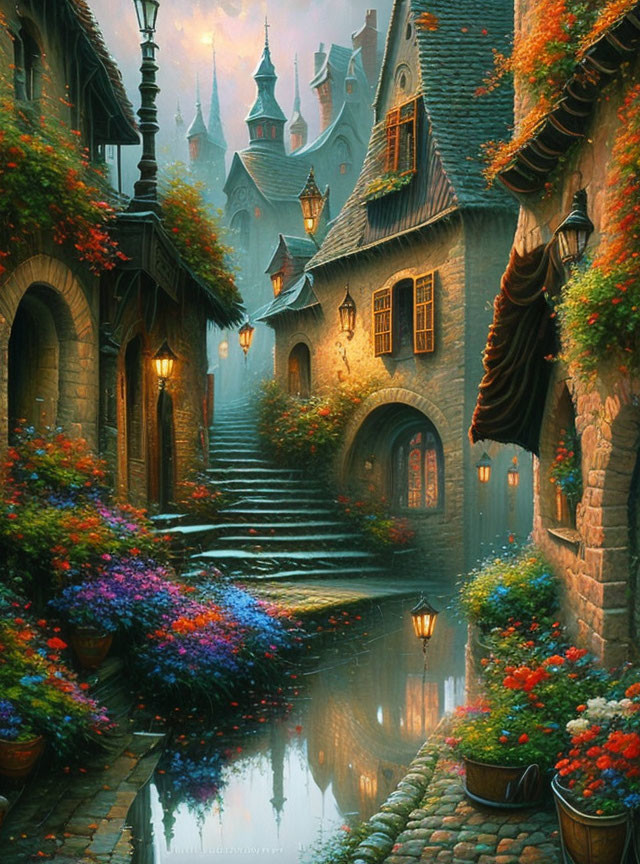 Cobblestone alley with flowers and ivy leading to castle in fairy tale village