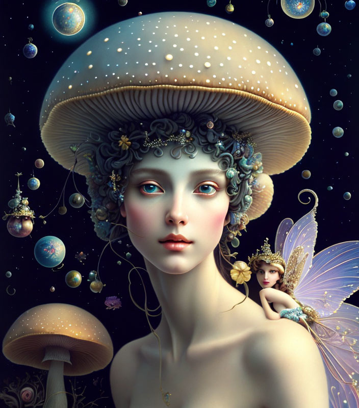 Surreal artwork: Woman with mushroom cap, celestial orbs, and winged figure.