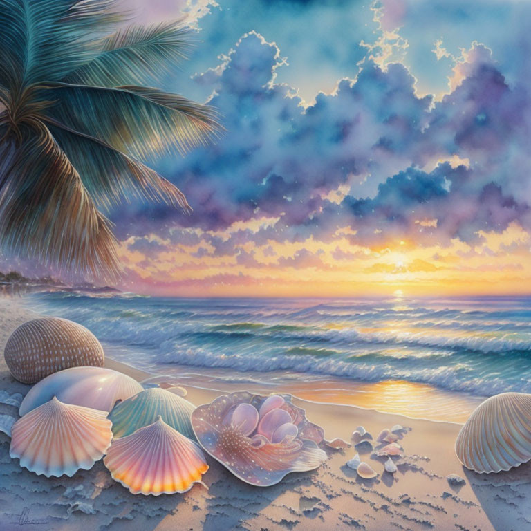 Colorful sunset beach scene with palm branch, fluffy clouds, waves, and seashells.