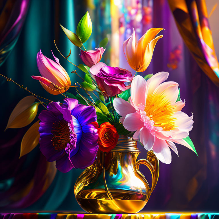 Golden Vase with Colorful Flower Bouquet Arrangement