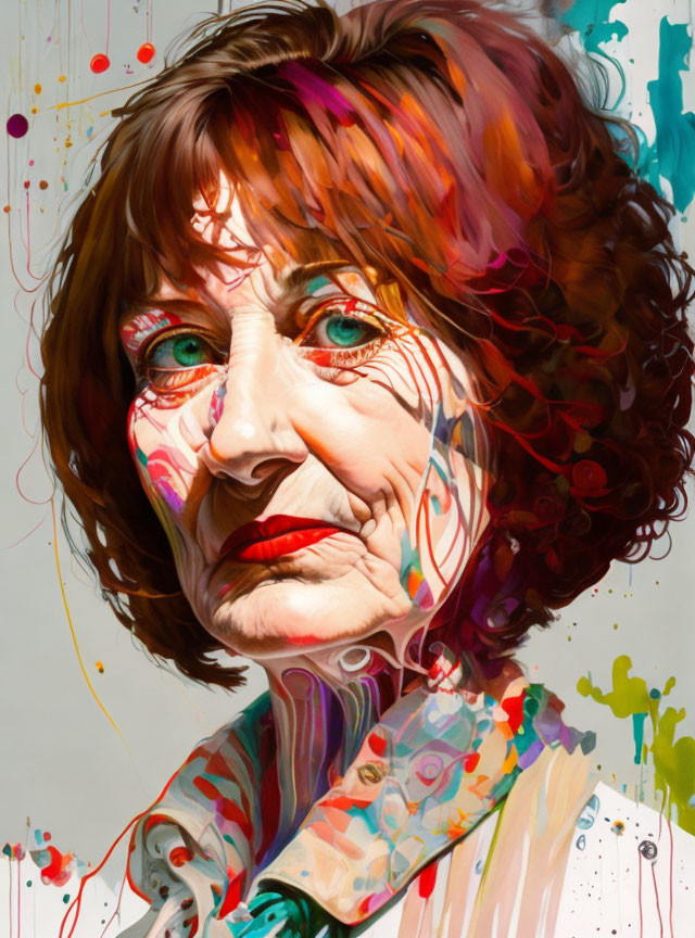 Abstract portrait of older woman with expressive eyes and colorful paint strokes