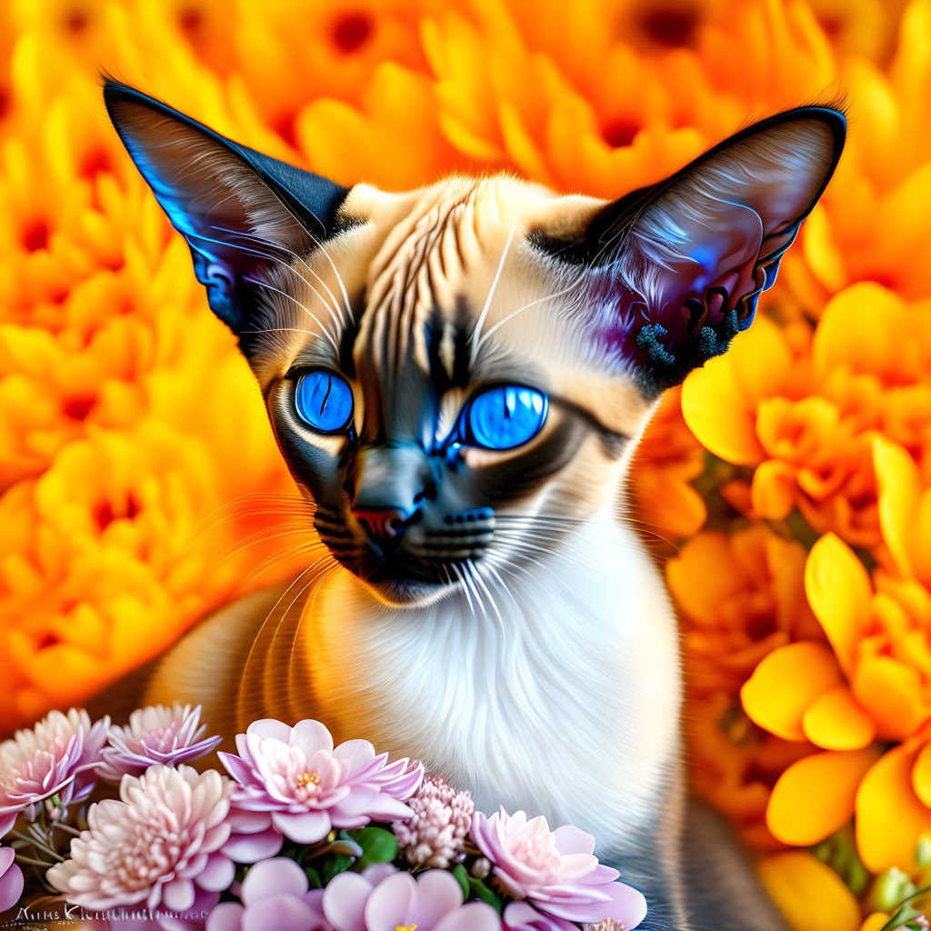 Detailed Digital Art: Siamese Cat with Blue Eyes in Orange and Pink Floral Setting