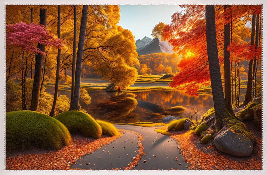 Tranquil autumn landscape with reflective lake, vibrant foliage, winding path, and mountains