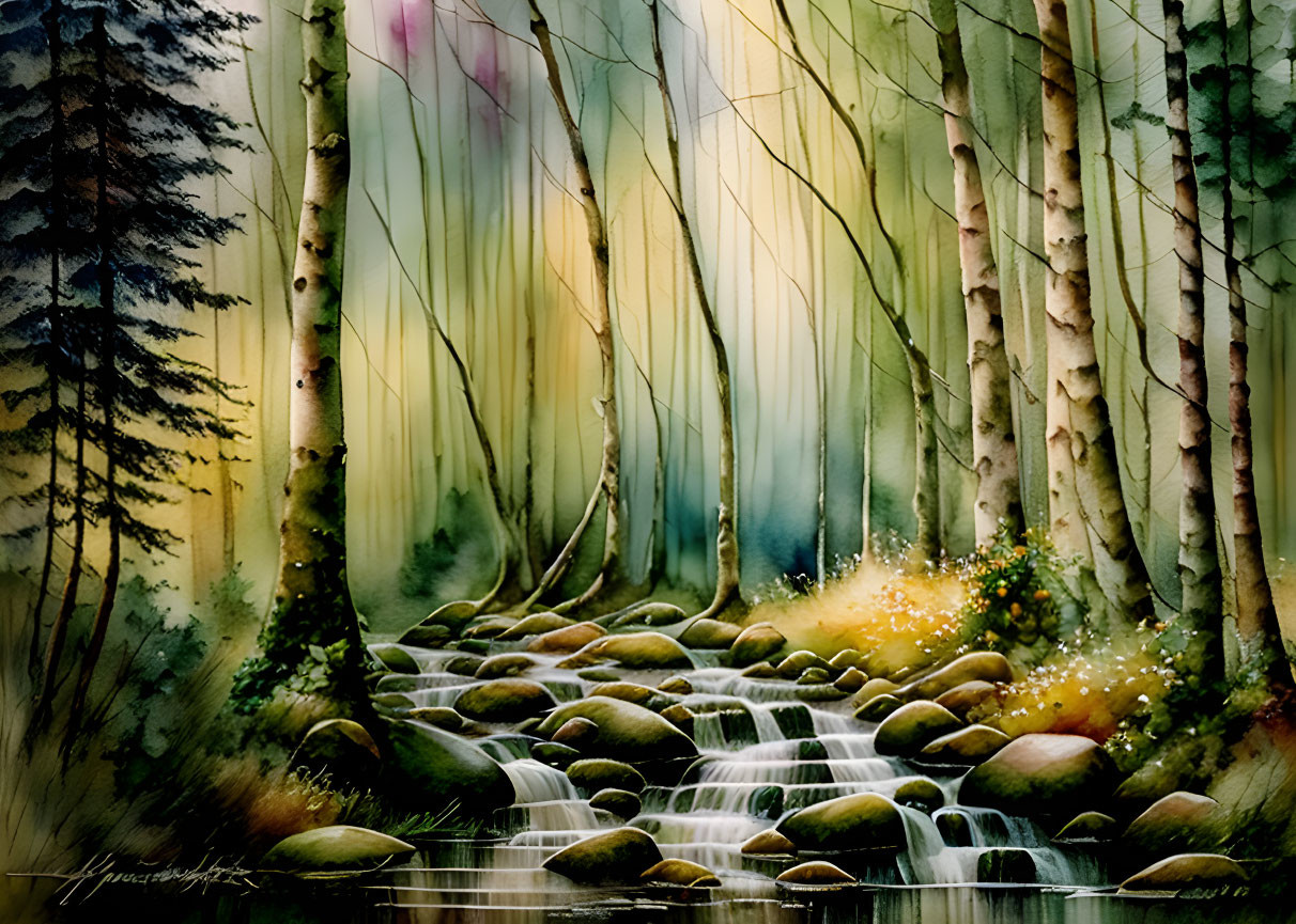 Tranquil forest stream with majestic trees