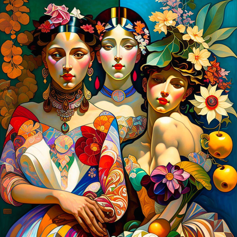 Vibrant surreal artwork: Three stylized women with floral and geometric designs