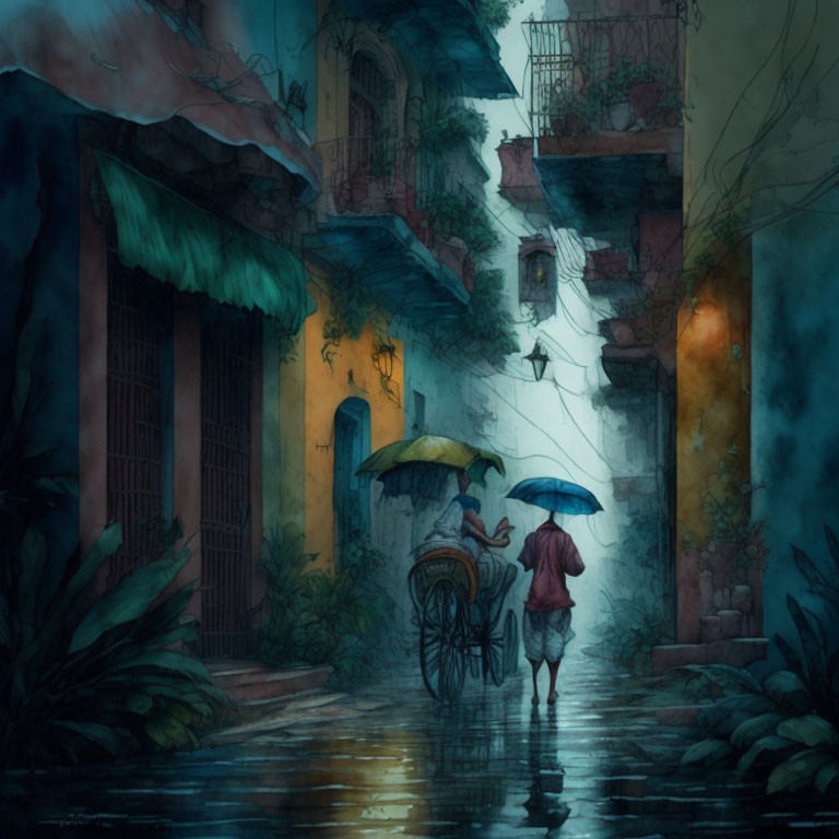 Rainy evening scene in old-world alley: person pulling rickshaw, another with umbrella on wet