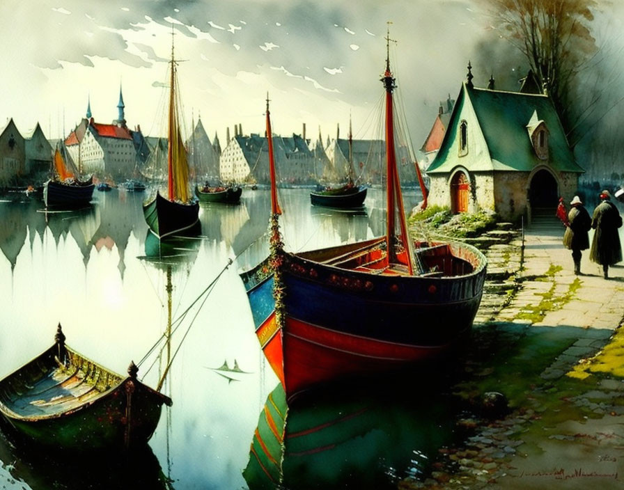 Harbor painting with boats, cobblestone pathways, European buildings