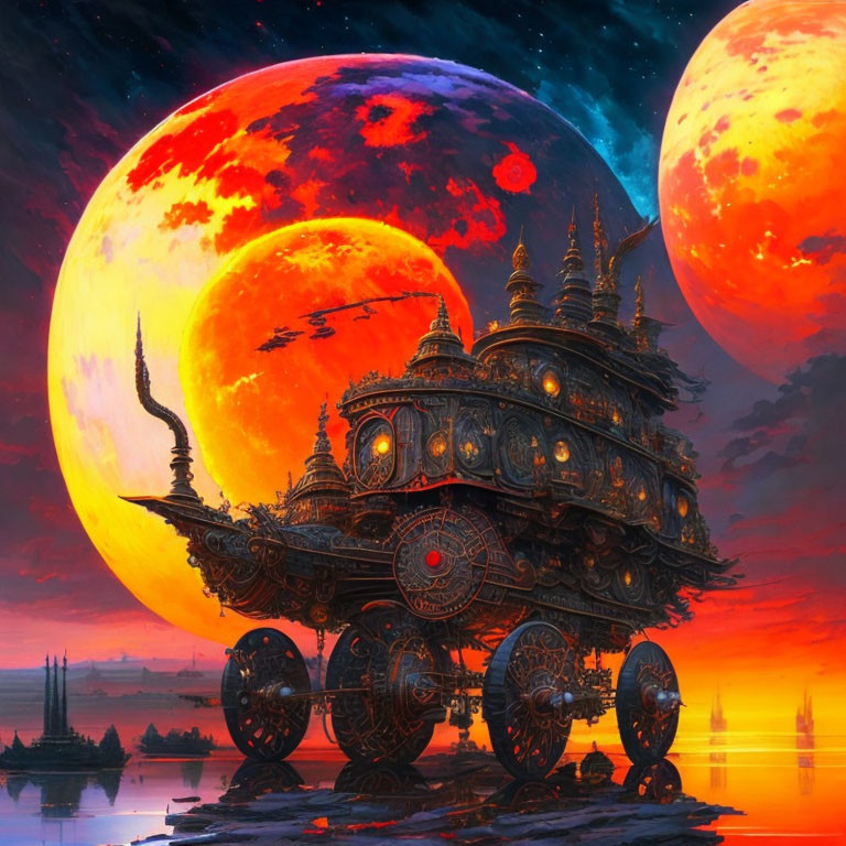 Large ornate wheeled structure in a fantastical crimson sky with flying craft overhead