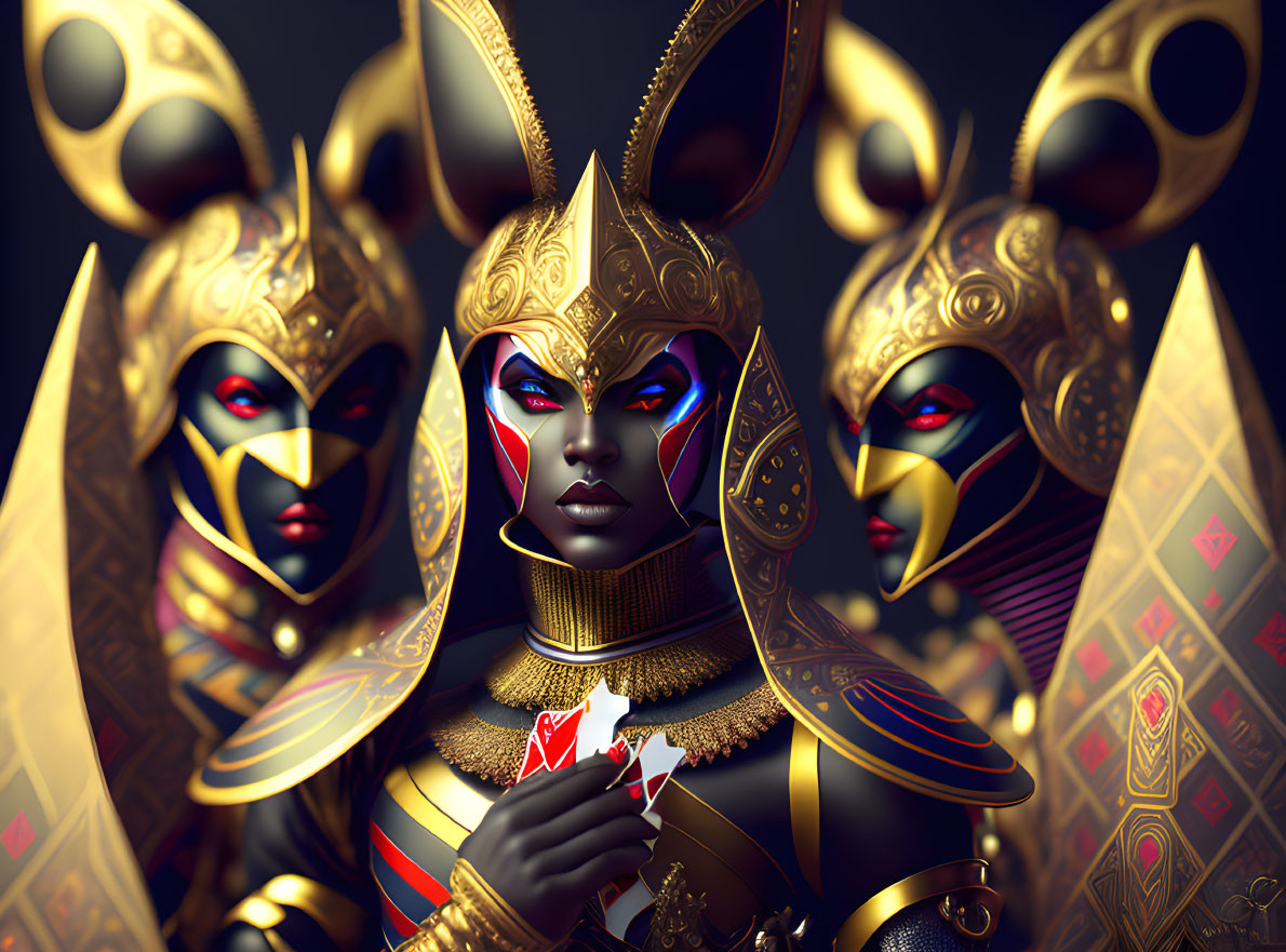 Stylized figures in ornate gold and black armor with rabbit motifs and intricate patterns.