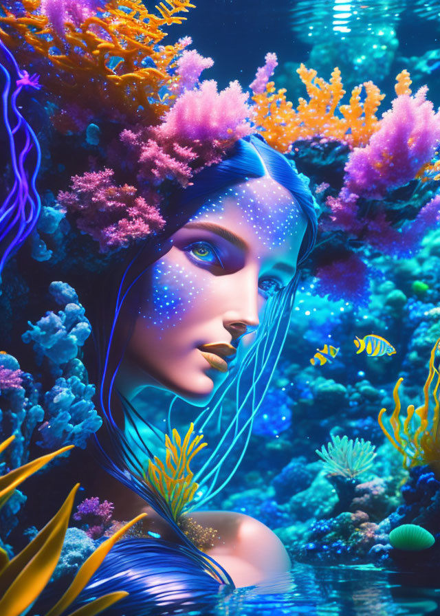 Colorful illustration: Mystical undersea being with luminescent skin, coral reefs, tropical fish