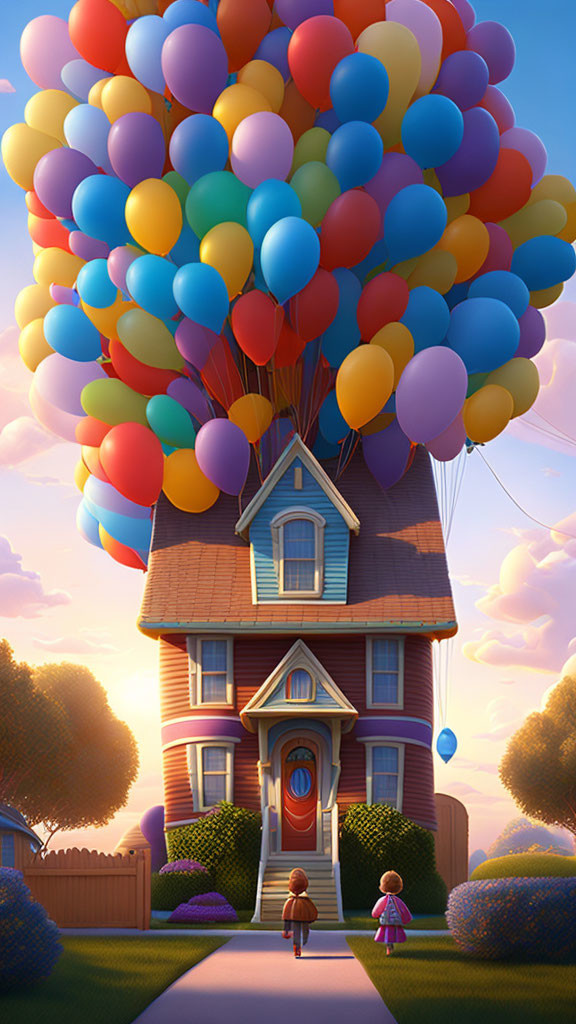 Purple house floating with balloons watched by children