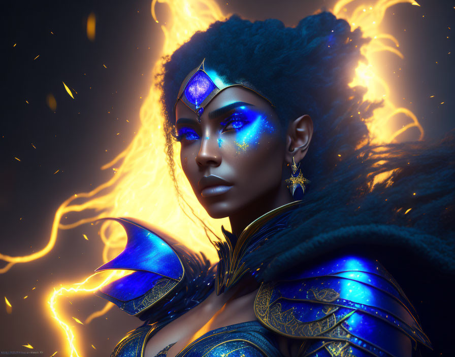 Digital artwork: Woman in glowing blue armor with fiery energy on dark background