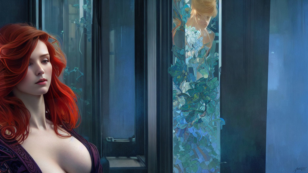 Digital artwork of woman with red hair in purple dress by window with reflection of blonde figure amid blue leaf