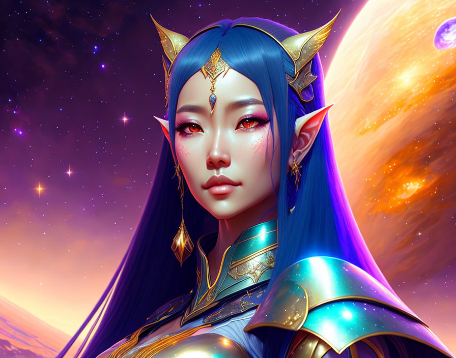 Blue-haired female character with pointed ears and golden headgear in cosmic purple sky with planet