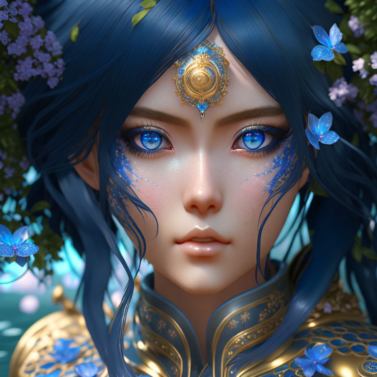 Fantasy character with blue hair and eyes, gold and turquoise jewelry, and blue flowers