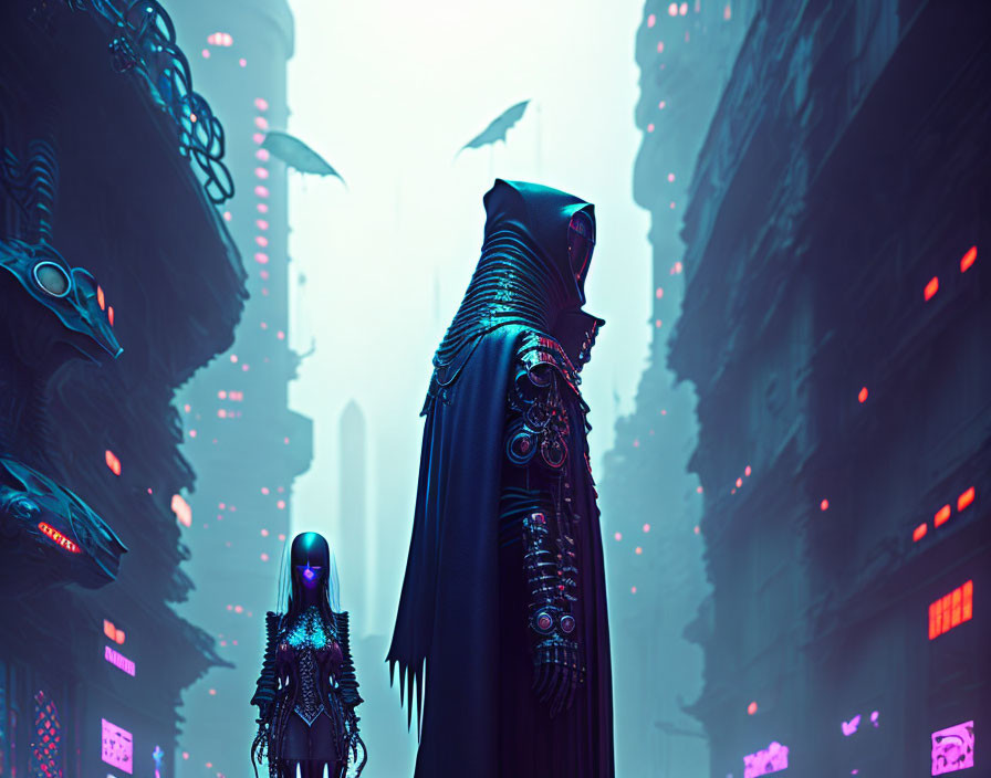 Futuristic cloaked figures in neon-lit cyberpunk cityscape