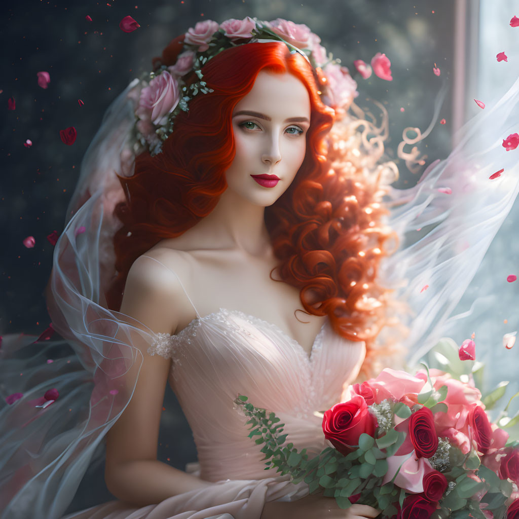 Red-haired woman in bridal gown with floral headpiece and bouquet.