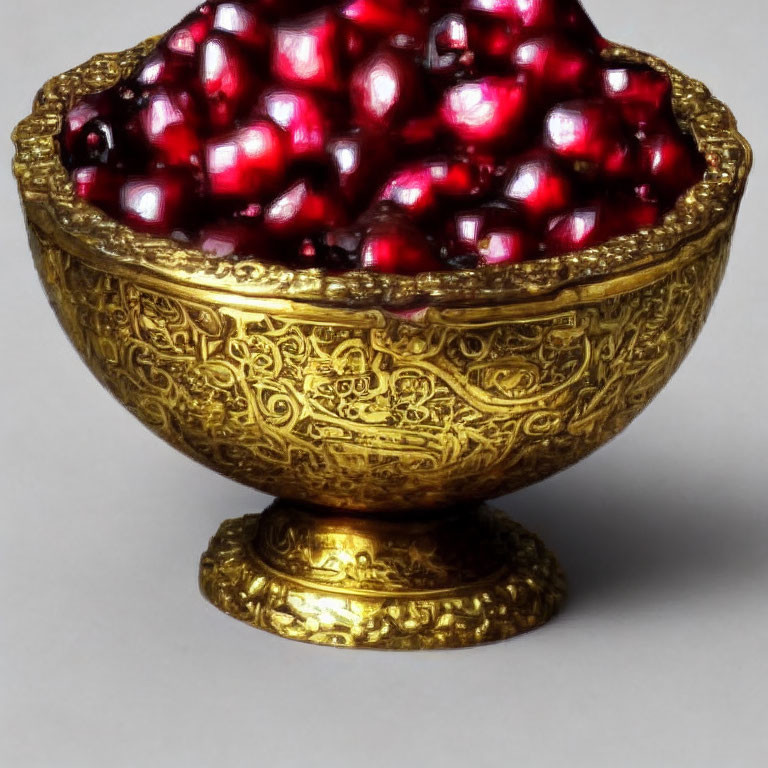 Golden ornate bowl with pomegranate seeds display