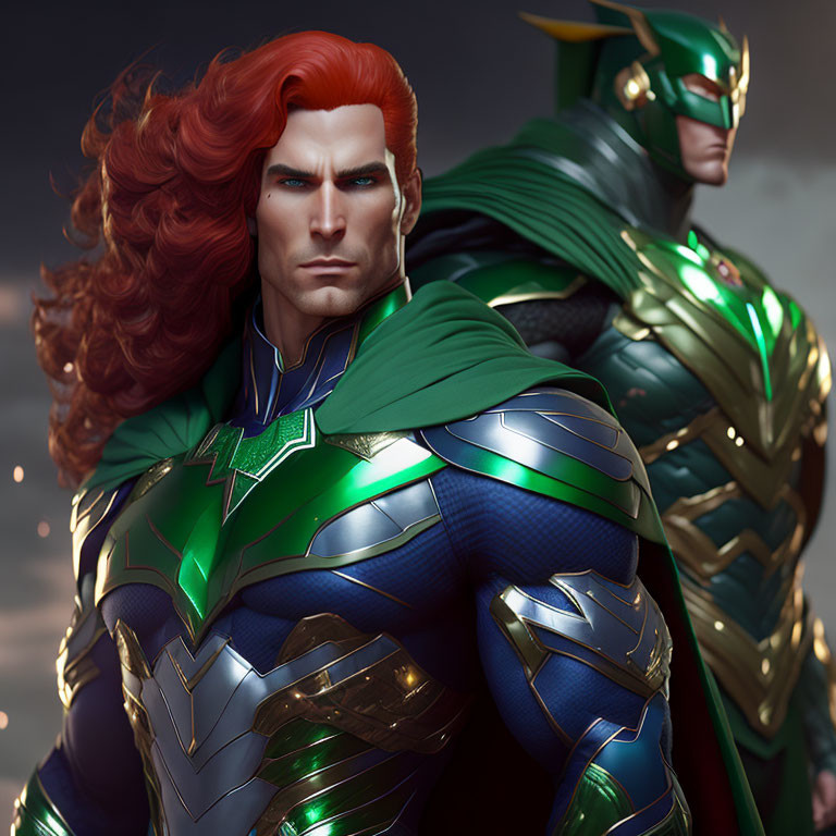 Superheroes in Armored Suits: Red-Haired and Green-Masked