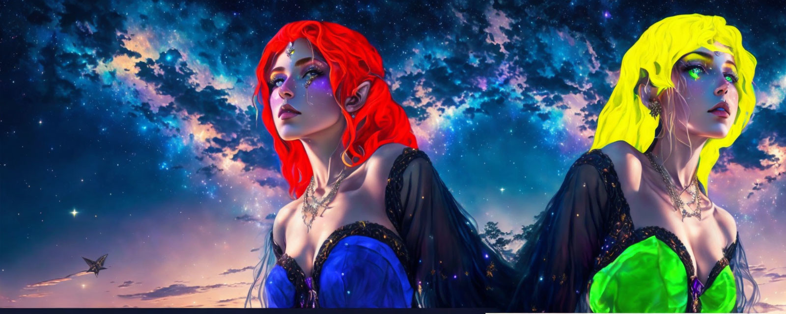 Colorful Fantasy Women in Elaborate Attire Under Starry Night Sky