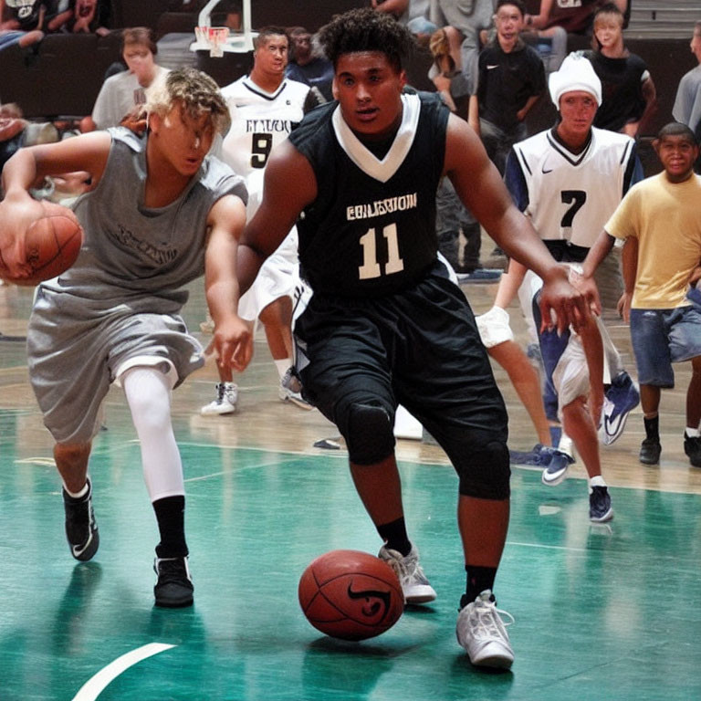 Intense basketball game with players dribbling and defending, spectators in background