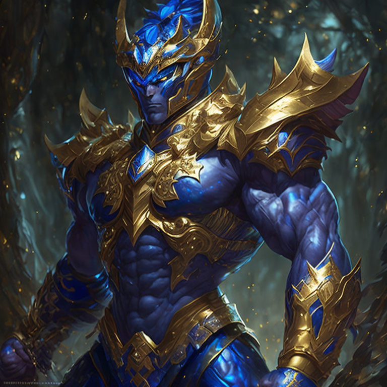 Blue-skinned fantasy character in ornate golden armor with winged helmet