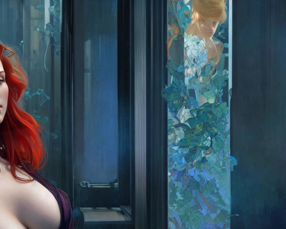 Digital artwork of woman with red hair in purple dress by window with reflection of blonde figure amid blue leaf