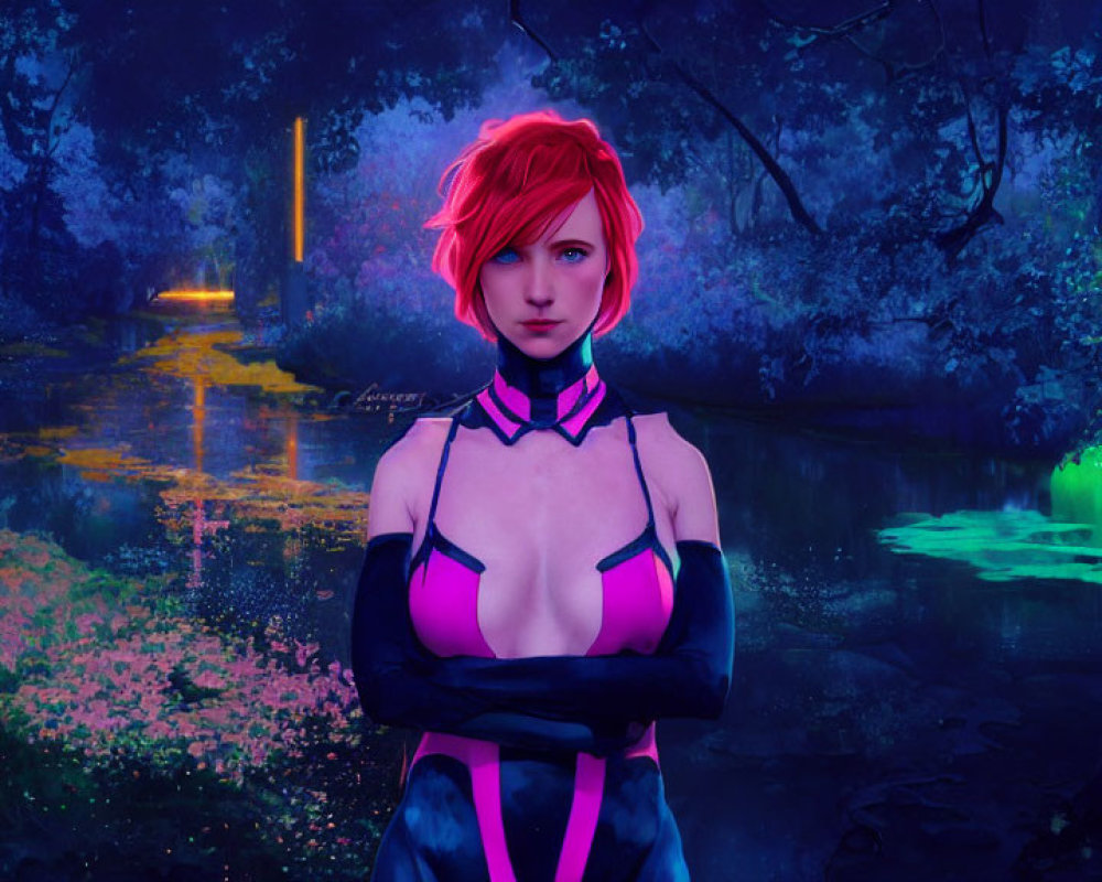 Digital Artwork: Female Character with Pink Hair in Mystical Forest