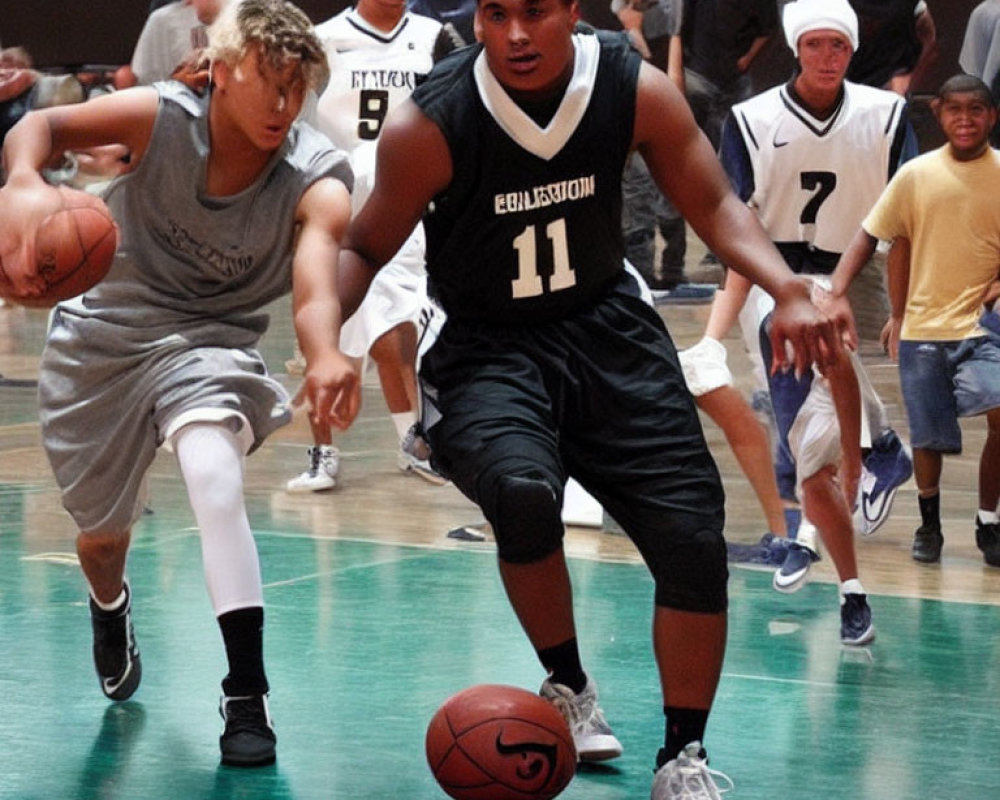 Intense basketball game with players dribbling and defending, spectators in background