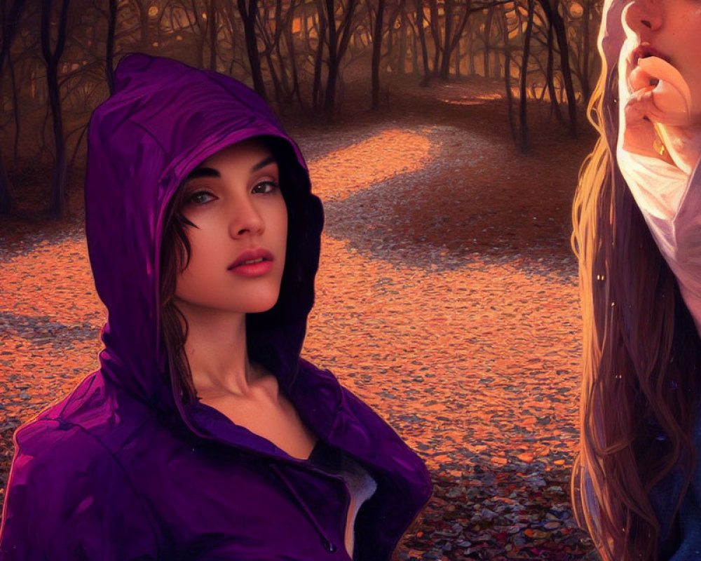 Woman in purple hooded jacket in autumn forest with gesturing person