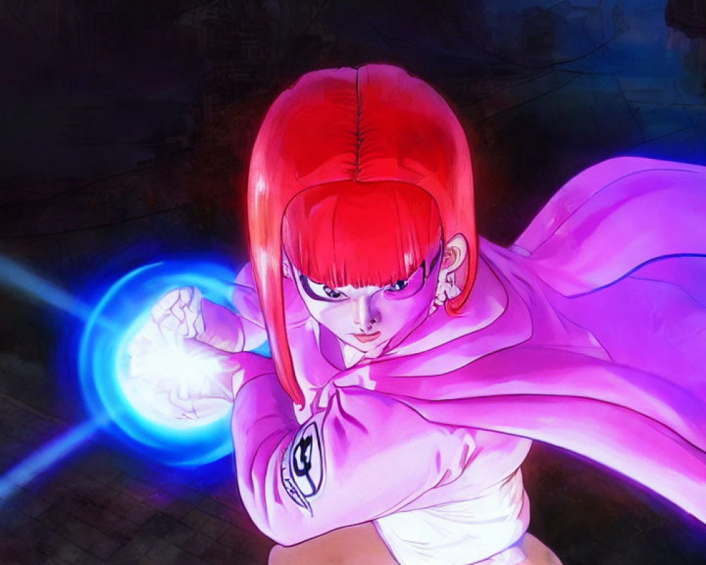 Animated character with red hair in pink outfit emitting blue energy beam